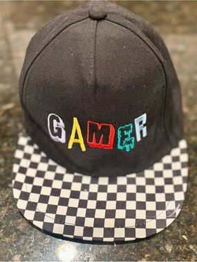 Head Black Snapback Hat with Multicolor 'GAMER' Embroidery and Checkerboard Brim